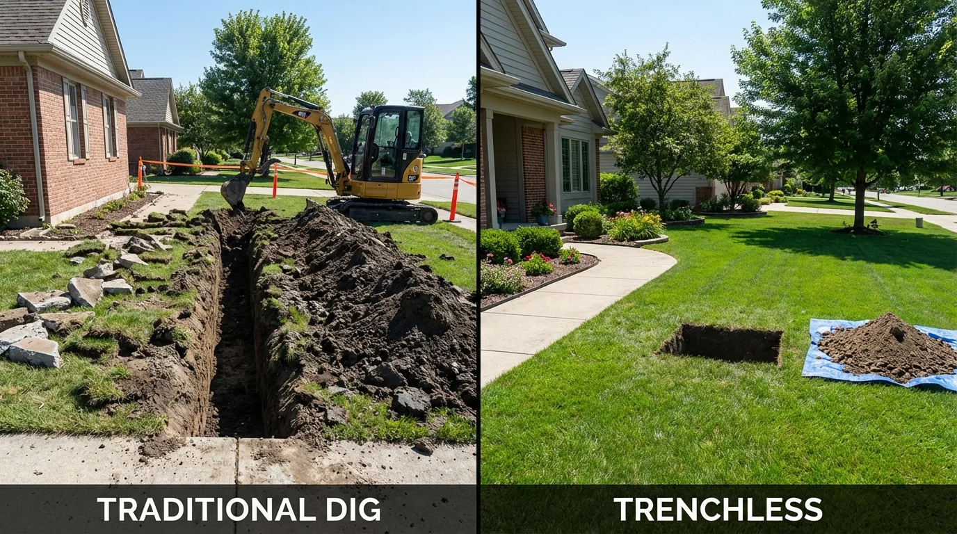 Trenchless sewer repair with minimal yard damage versus traditional excavation in Chelsea, VT