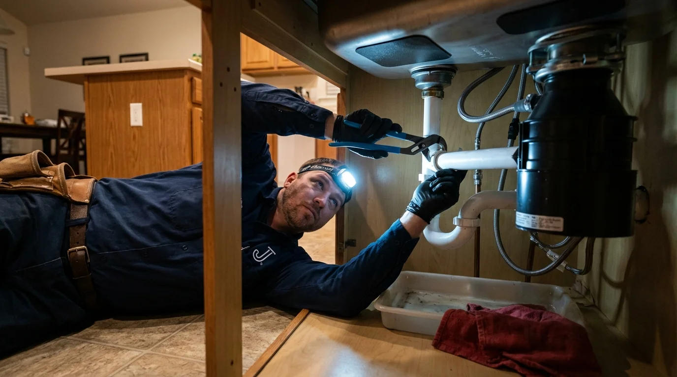 P-trap and supply line connections under a kitchen sink showing a common leak point in Chelsea, VT